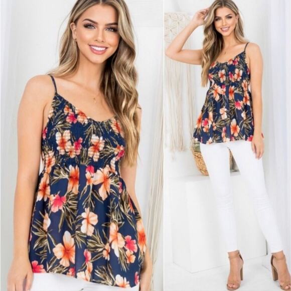Perfect Peach Babydoll Peplum Flowy Smocked Tank Top Tropical Hibiscus Hawaiian - Picture 7 of 8